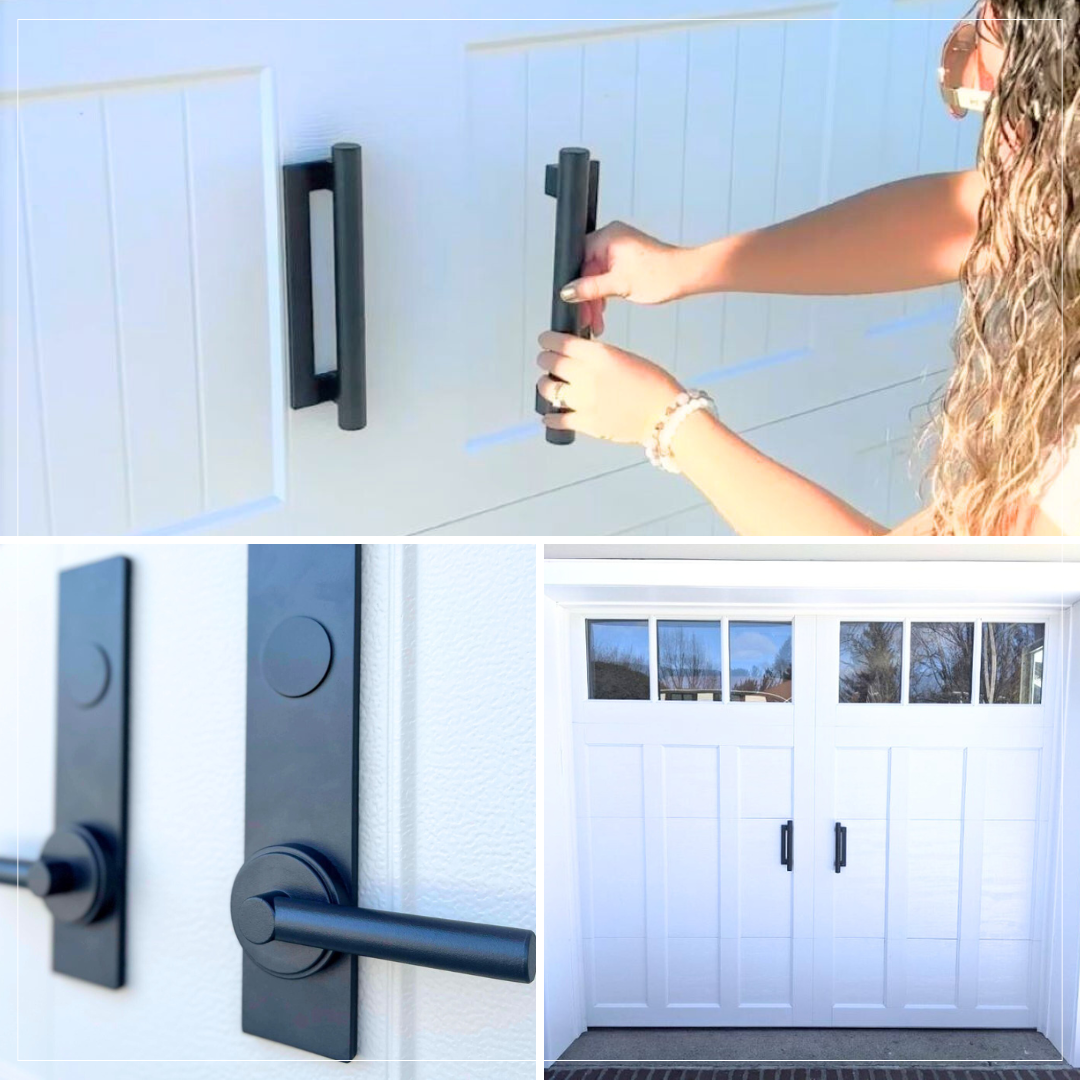 Modern decorative garage door hardware and handles for garage doors.